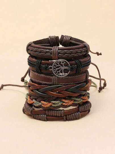 6pcs/Set Vintage Handmade Braided Leather Bracelets Combination With Peace Tree Designed For Men, European And American Style Jewelry Set