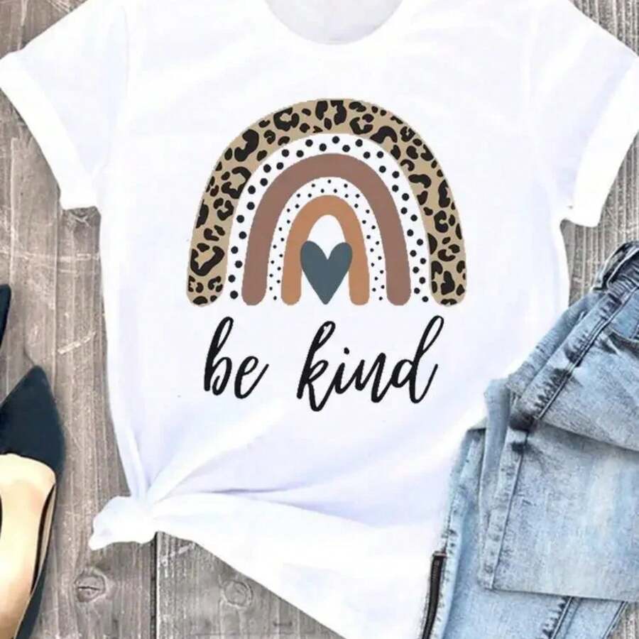 Summer Leopard Love Heart T Shirts Sweet Fashion Women Tee T-Shirts Casual Short Sleeve Regular Female Graphic T Shirt Clothes6.Jpg - White - View 1