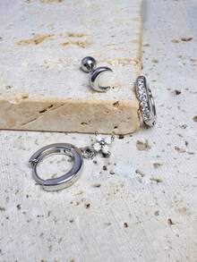 3 件不锈钢耳垂耳环，14K 镀金闪亮 CZ 耳环套装，白色锆石花朵风格耳钉，适合女士女孩 - 銀色 - 查看 23