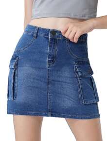 EXARUS Girls Cargo Skirt Cotton Elastic High Waist A-Line Short Mini Skirt With Pockets For School Casual 8-14Y - Màu xanh trung bình đã rửa sạch 62 - Xem 1