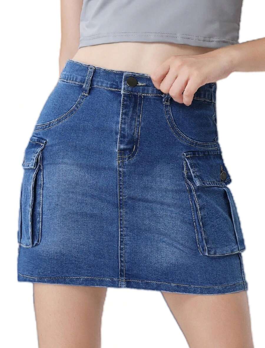 EXARUS Girls Cargo Skirt Cotton Elastic High Waist A-Line Short Mini Skirt With Pockets For School Casual 8-14Y - Màu xanh trung bình đã rửa sạch 62 - Xem 1