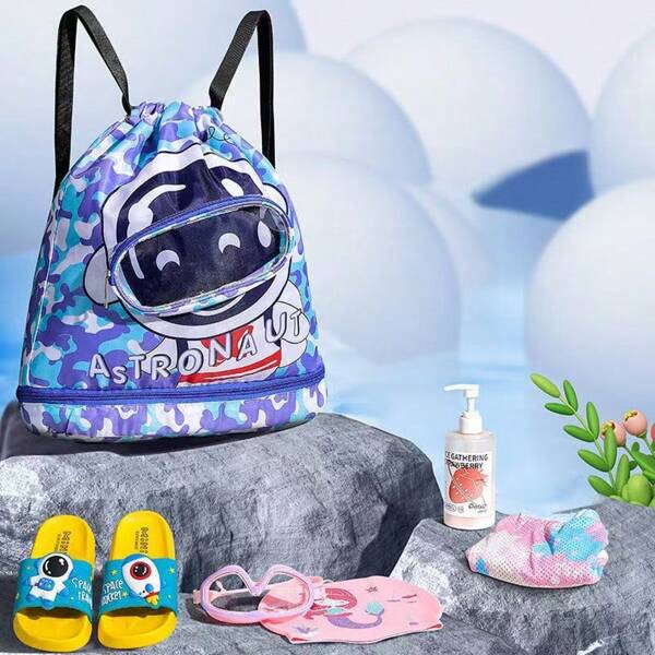 Cartoon Print Waterproof Wet & Dry Separated Backpack, Swimming Gear Organizer Bag, Beach Storage Drawstring Toiletry Pouch