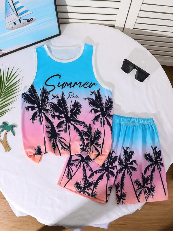 2pcs Boys Summer Casual Gradient Letter & Coconut Tree Print Tank Top And Shorts Set, Spring/Summer