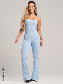 Fitness Flare Jumpsuit With Adjustable Straps Polyamide Mvb Modas - Blue - View 1