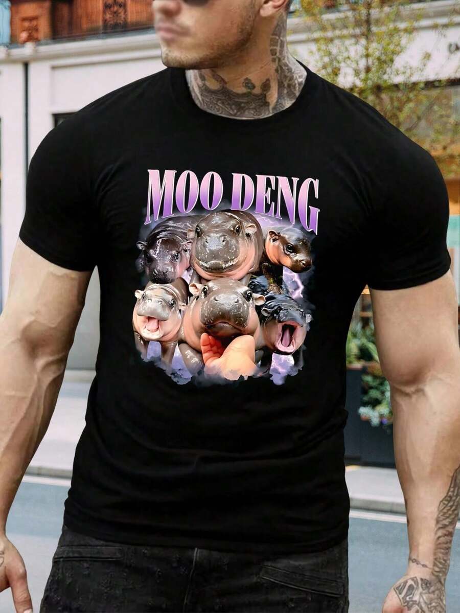 Camiseta de hipopótamos Moo Deng - Linda camiseta gráfica de hipopótamo bebé para amantes de los animales - Camiseta de moda del escuadrón de hipopótamos para hombres y mujeres - Camiseta con diseño único de hipopótamo - Camiseta de papá - Negro - Ver 1