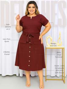 Women's Plus Size Linen Set Basic Blouse And Midi Skirt Social Evangelical Fashion Cargo Pocket With Buttons And Bow - 鏽棕色 - 查看 2