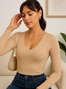 Cropped Long Sleeve V-Neck Winter Suplex Women's Basic Casual V-Neck - 裸體 - 查看 1