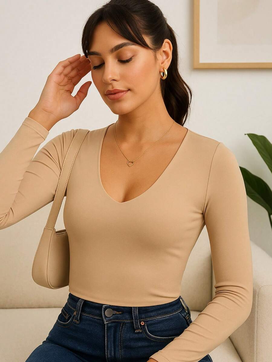 Cropped Long Sleeve V-Neck Winter Suplex Women's Basic Casual V-Neck - 裸體 - 查看 1