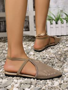 New Women's Khaki Breathable Mesh Backstrap Flats, Lightweight, Hollow-Out, Comfy Breathable Pointed Toe Ballet Flat Shoes - Khaki - View 4