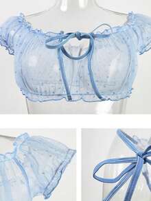 Dobby Mesh Ruffle Off-Shoulder Tie-Up Lingerie Set - Blue - View 5