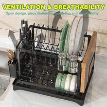 Three-In-One Dish Rack, Chopstick Holder And Chopping Board Rack, Retractable Storage Under The Counter, No Need To Drill Holes, Retractable Draining Storage Rack, Anti-Rust And Anti-Mold Countertop Storage Tool - Lớp kép màu đen - Xem 4