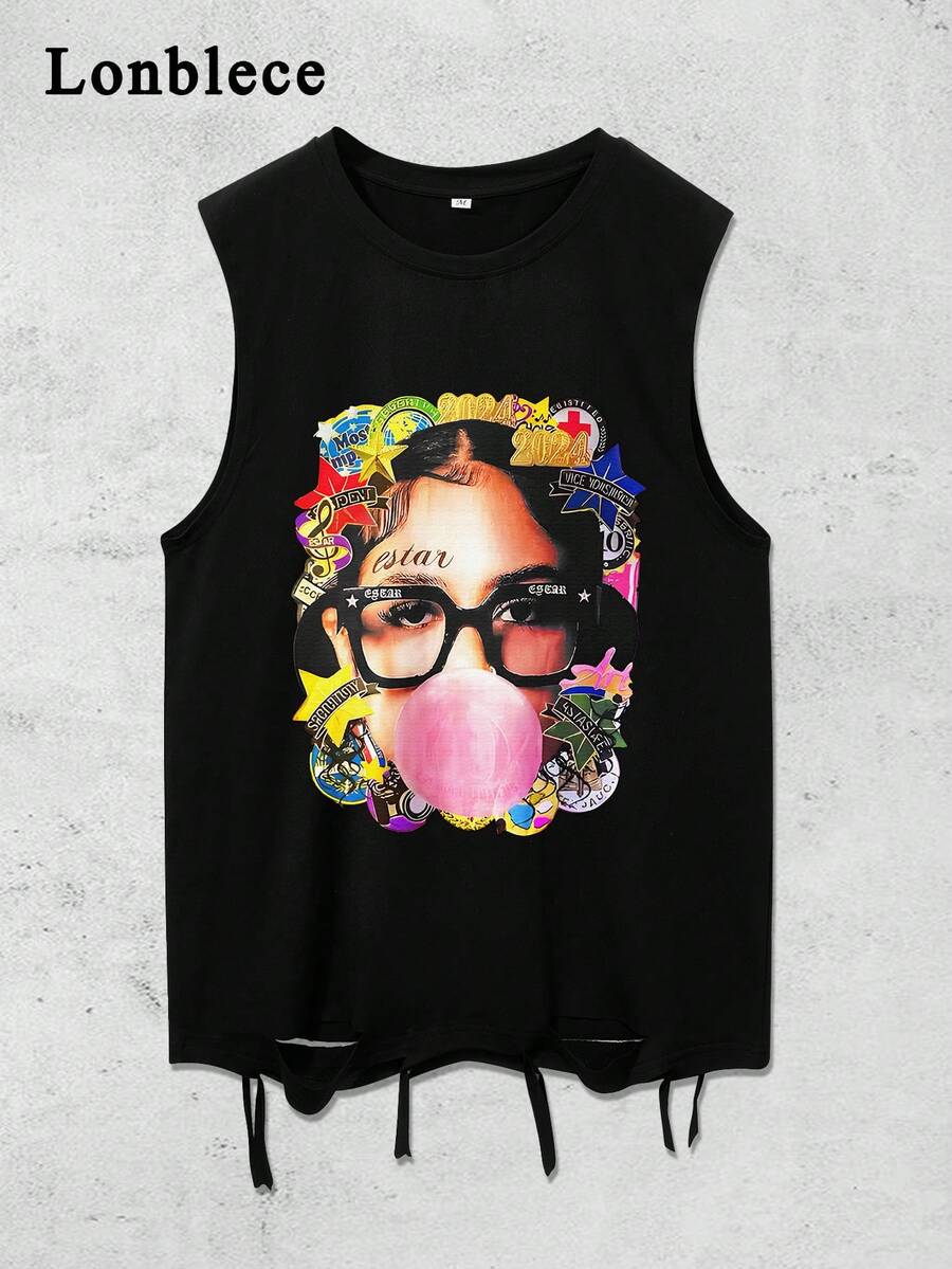 Lonblece 男士夏季无袖背心嘻哈大头元素印花破洞背心 - 黑色 - 查看 1