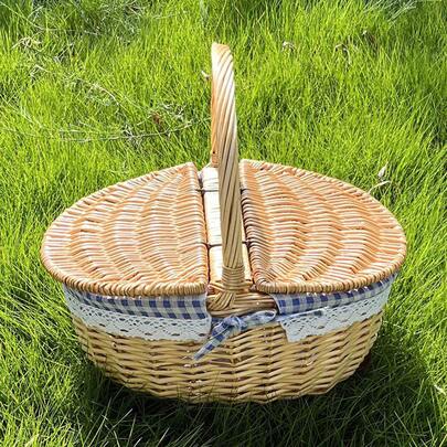 ナチュラルな柳細工バスケット、田舎風のピクニックバスケットハンパー、蓋と持ち手付き、ピクニック、パーティー、BBQに最適なライナー付き