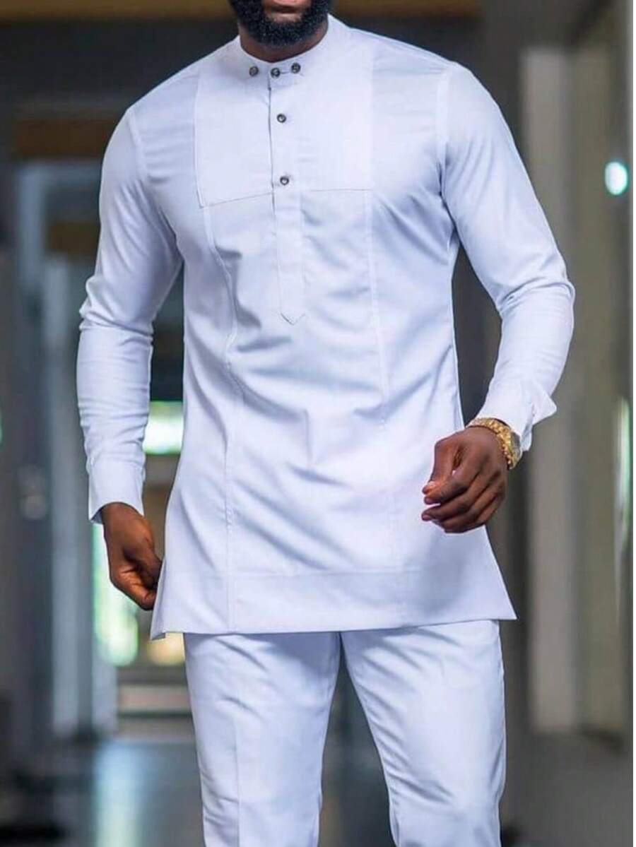 2 Pcs/Set White Dashiki Outfits For Men, Unique Button Design, Stylish Shirt With Long Sleeves And Drawstring Trousers, African Menswear For Dates, Street, Party, Weddings, Cultural Occasions, Traditional Ceremonies - 白色 - 查看 1