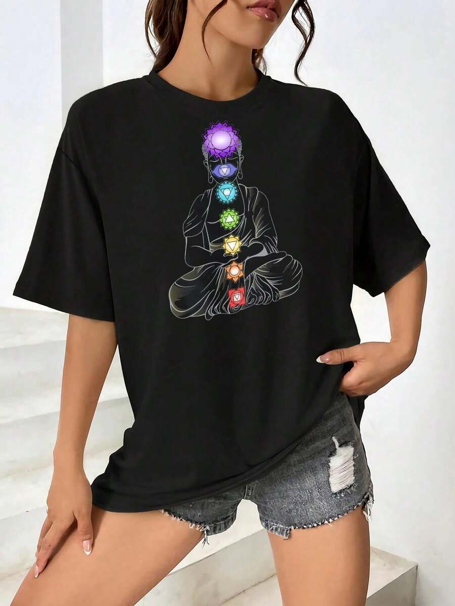 Camiseta de meditación de chakras para mujer, camiseta espiritual de yoga, camiseta gráfica de Buda, camiseta negra de manga corta para meditación, yoga y ropa casual - Negro - Ver 1