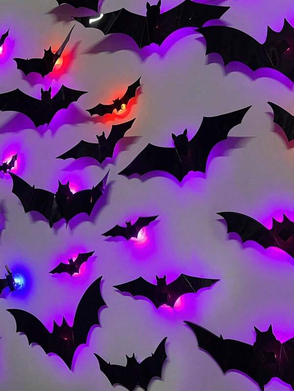 12pcs- LED Halloween 3D Bat Decorative Wall Stickers 6 Different Sizes PVC Black Bat Stickers,Vivid Bat Night Lightfor DIY Home Decoration, Indoor Halloween Party Supplies, Outdoor Home Decal DecorationHome Bar Halloween Party,Halloween Temporary Decorations, Horror Room Decorations, Quick Horror Decorations, Haunted House Props, Horror Party Supplies