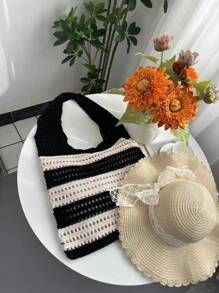 1 New Luxury Crocheted Tote Bag For Women, Open Weave Black & White Striped Contrasting Color Large Capacity Foldable Beach Bag, Suitable For Summer Beach Travel And Single's Party Gifts