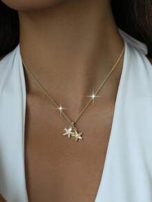 jealous young 1 pieza Collar colgante de estilo vacaciones en la playa con estrella de mar de perla falsa y circonita, de color dorado, de moda y sencillo, para decoración diaria de mujer