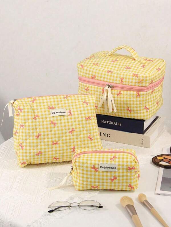3/1set Cute Bowknot Print Multifunctional Cosmetic Organizer Handbag Wallet Pouch Portable Cosmetics Brush Storage Clutch With Zipper Closure For Lipstick, Brush, Skincare, Mobile Phone, Coin, Small Items, For Home, Travel