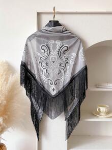 1 pezzo Sciarpa triangolare con stampa floreale e nappe, adatta per abbinamenti casual e da strada con abiti