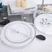 20/10pcs Silver Rim Party Plates, Platinum Rim Salad Plates, 10.25 Inch And 7.5 Inch Serving Platters, For Parties, Outdoor, Weddings, Restaurants,School Supplies