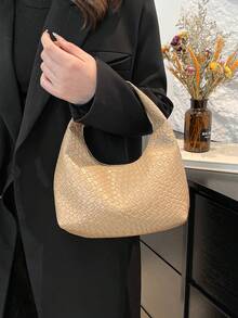 Genuine Leather Underarm Baguette Bag, Suitable For Outings, Dates And Commuting. Fashion Asymmetric Square Handbag, PU Woven Texture Tote Bag, Burgundy, Daily Work Bag, Top Handle Wallet (Pattern Random) - Khaki - View 4