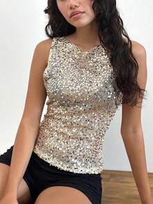 Women's Beads Sequins Tank Top Sparkle Sleeveless Boat Neck Solid Party Clubwear Vest - 金色 - 查看 2
