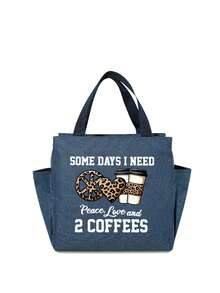 印有豹纹心形和咖啡图案的保温袋，午餐袋，上面印有有趣的字母“Some Days I Need Peace, Love And 2 Coffees”，搭配黑色餐具收纳袋，可重复使用，双口袋午餐盒袋，大容量，适合返校学校用品袋，用于学校工作午餐袋，女士冷藏袋，野餐配件学校配件