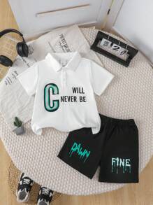 Set de 2 piezas con camisa polo y bloque de colores con estampado de letras para niños pequeños, uso casual de negocios para el verano