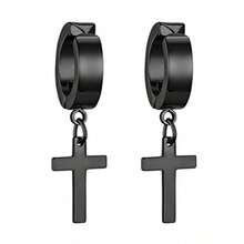 1 对男士个性化十字架吊坠（无耳孔）、假耳环、耳夹 - 黑色 - 查看 1