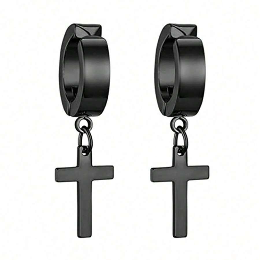 1 对男士个性化十字架吊坠（无耳孔）、假耳环、耳夹 - 黑色 - 查看 1