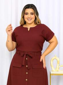 Women's Plus Size Linen Set Basic Blouse And Midi Skirt Social Evangelical Fashion Cargo Pocket With Buttons And Bow - 鏽棕色 - 查看 5