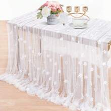 1 pieza Mantel de mesa con encaje y flor blanca, decoración de mesa de boda al aire libre romántica con perlas y flores, decoración de mesa para fiesta, banquete, postre, mantel traslúcido de gasa para arco de cumpleaños y fiesta