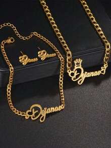 1 peça de colar, pulseira e conjunto de brincos com letras vazadas personalizados faça você mesmo, presente de aniversário, pulseira com pingentes ajustáveis, conjunto de brincos para menino e menina, presente de aniversário de batismo, aço inoxidável, conjunto de joias de aço inoxidável banhado a ouro 18k, incluindo caixa de presente requintada de alta qualidade, família, entes queridos, dia das mães, presentes de feriado - Ouro - Ver 9