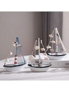 1pc Wooden Sailboat Ornament Nautical Beach Coastal Style Decoration With Seashell Net Lighthouse Starfish Seagull Wheel Random Design Mini Boat Figurine For Home Shelf Desktop Tabletop Bathroom Decor Gift - Multicolor - View 2
