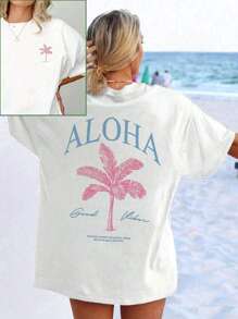 Nuevas camisetas de manga corta con cuello redondo de estilo casual diario con estampado de eslogan de palmeras para damas en primavera y verano. Estilo vacacional de moda, una necesidad diaria. Camisetas gráficas para mujer en blanco, negro y rosa, atuendos para vacaciones