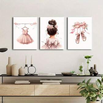 3pcs Ballerina Canvas Wall Art Set - Modern & Art Deco Style, Classic Portrait Theme, Ink On Canvas, Indoor & Outdoor Use, Wrap Frame, Portrait Orientation, For Home Office, Living Room, Bedroom, Bathroom, Dining Room - Pink Watercolor Ballet Prints With Bow And Shoes