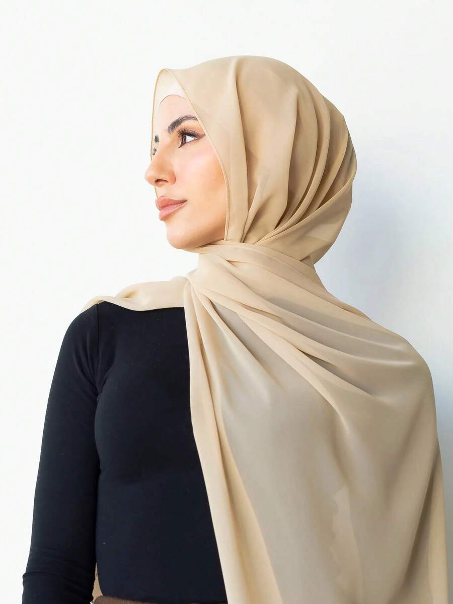 1 件女士纯色围巾/头巾，雪纺，休闲日常穿着 Abaya 配饰柔软头巾，女士面纱 - 米色 - 查看 1