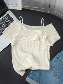 纯色性感露肩蝴蝶结短袖针织毛衣，甜美优雅修身女衫，夏季新品