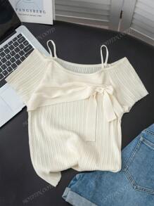Pure Sexy Off-Shoulder Bowknot Short Sleeve Knit Sweater, Sweet Elegant Slimming Blouse For Women, Summer New Arrival
