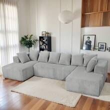 Modular U-Shaped Sectional Sofa,130-Inch 4-Seater Chaise Lounge With Reversible Design, Striped Corduroy Fabric In Gray – Customizable Living Room Or Bedroom Couch, Freely Configurable Layout. - 1 - View 1