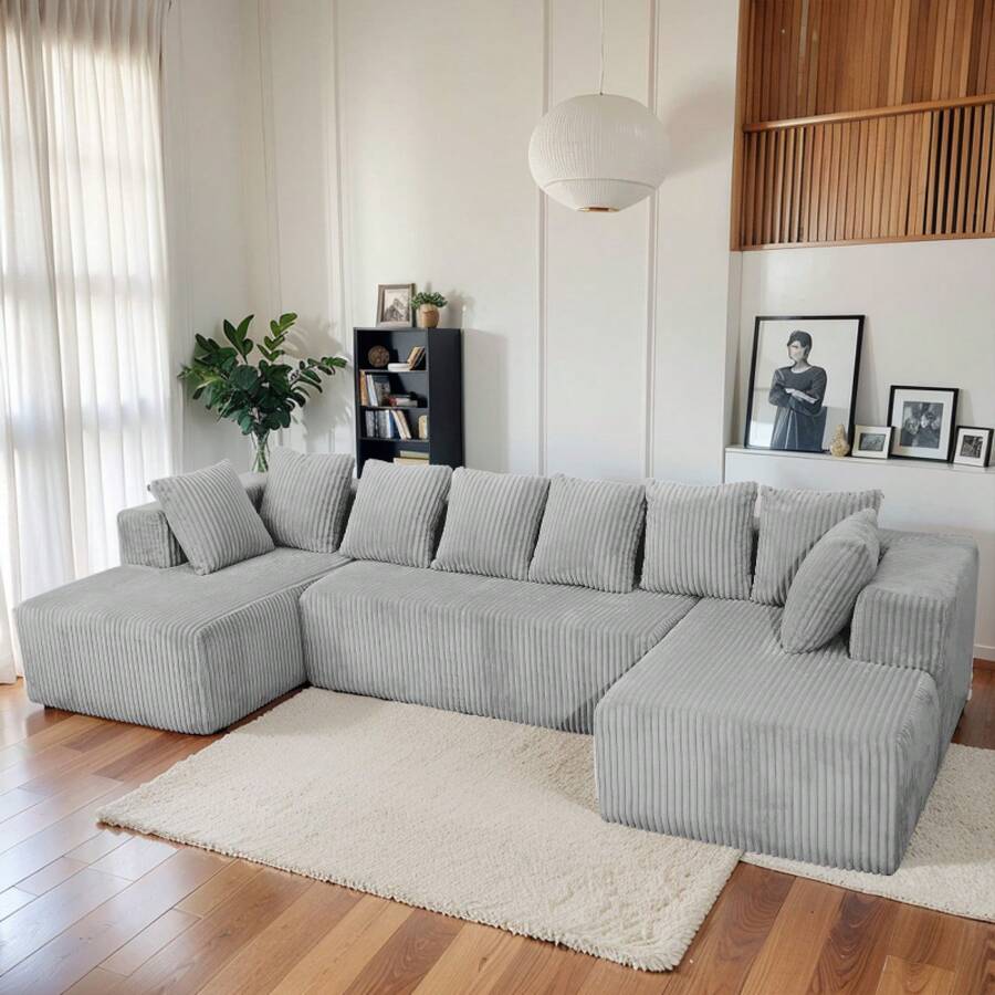 Modular U-Shaped Sectional Sofa,130-Inch 4-Seater Chaise Lounge With Reversible Design, Striped Corduroy Fabric In Gray – Customizable Living Room Or Bedroom Couch, Freely Configurable Layout. - 1 - View 1