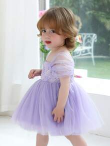 女婴薰衣草色亮片花卉网纱优雅派对礼服，公主裙，适合女孩生日派对、婚礼花童、节日庆典 - 紫色 - 查看 4