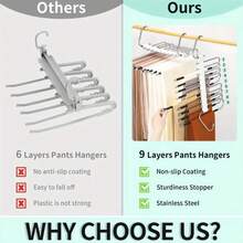 2pcs 9-Layer Non-Slip Metal Pants Hanger, Foldable Clothes Hanger, Pant Hangers Organizer Multifunctional Pants Rack Space Saver Closet Organizers And Storage Hangers For Pants Jeans Leggings Trousers Skirts - White - View 8