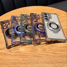 Magnetic Plated Holder + Phone Case For  Galaxy S25/S24/S23/S22/S21/Ultra/Plus/FE +/ Phone 16/15/14/13/Pro Max 16 12 11Plus, Drop Resistant Shock Plated Frame Protective Case - 藍色 - 查看 2