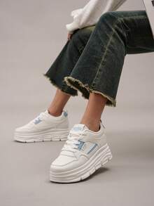 1 Pair Women's Casual Thick Sole Platform Sneakers, Fashionable Appearance, Lace-Up Closure, 5cm Height Increase, Suitable For Petite Women - White and Blue - View 8