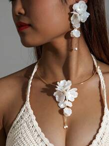 1pc Choker + 1 Pair Earrings Bohemian Ocean Style Shell Flower 3D Floral Choker + Earrings Jewelry Set, Suitable For Beach, Party, Gathering