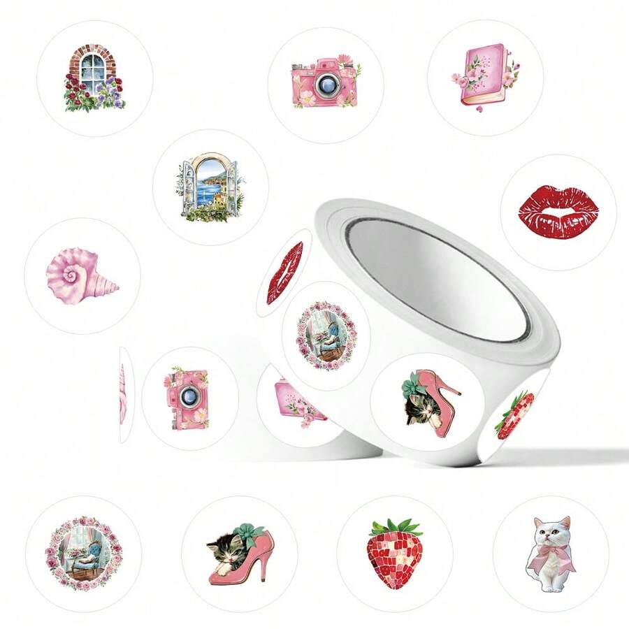 500 piezas Rollo de adhesivos color rosa, pegatinas estéticas de dibujos animados, pegatinas vintage, pegatinas Y2K, pegatinas lindas de Cutecore, pegatinas de vinilo resistentes al agua para botellas de agua, computadoras, portátiles, teléfonos, equipaje, cuadernos, refrigeradores - Multicolor - Ver 1