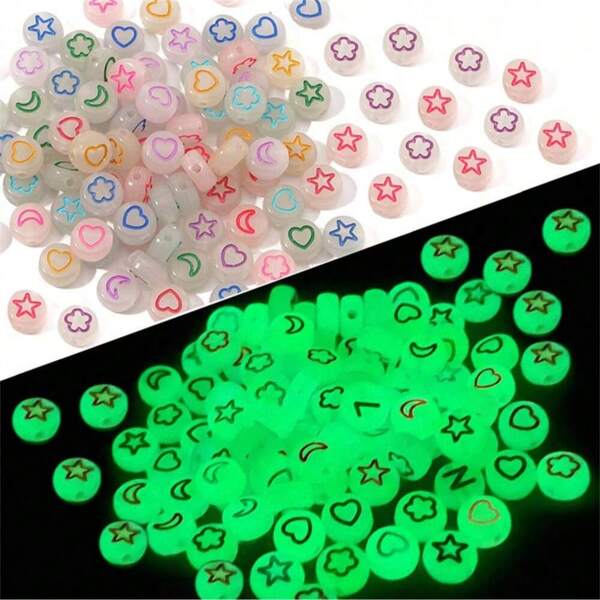 100pcs/Pack Glow-In-The-Dark Acrylic Transparent Round Beads, Assorted Patterns, Suitable For DIY Bracelet, Necklace, Jewelry Making
