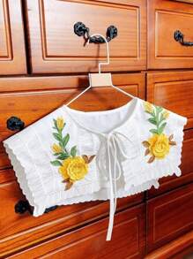 1 Stück weiße Blumen gestickte Abnehmbarer Oversize Kragen, Vintage Vogel Muster Cut Out Baumwoll Wellen Saum vielseitiger Kragen für Ausflüge, Zusammenkünfte und Partys, Polyester